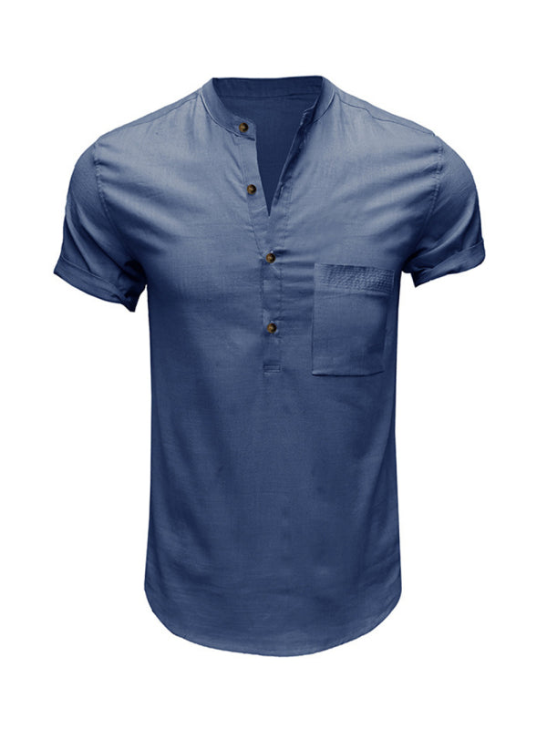 Men's Woven Casual Stand Collar Linen Short Sleeve Shirt