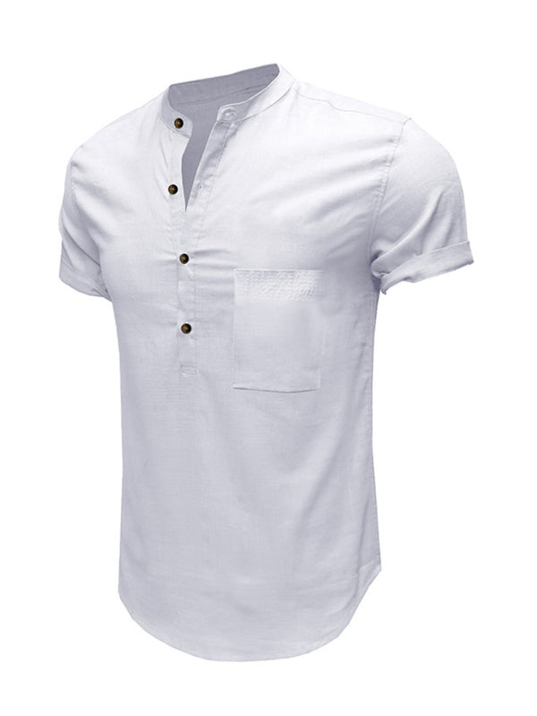 Men's Woven Casual Stand Collar Linen Short Sleeve Shirt