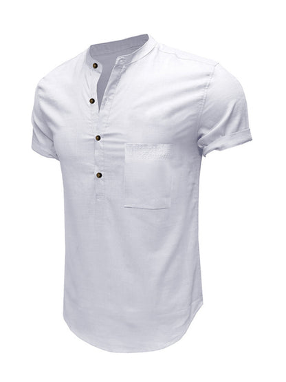 Men's Woven Casual Stand Collar Linen Short Sleeve Shirt