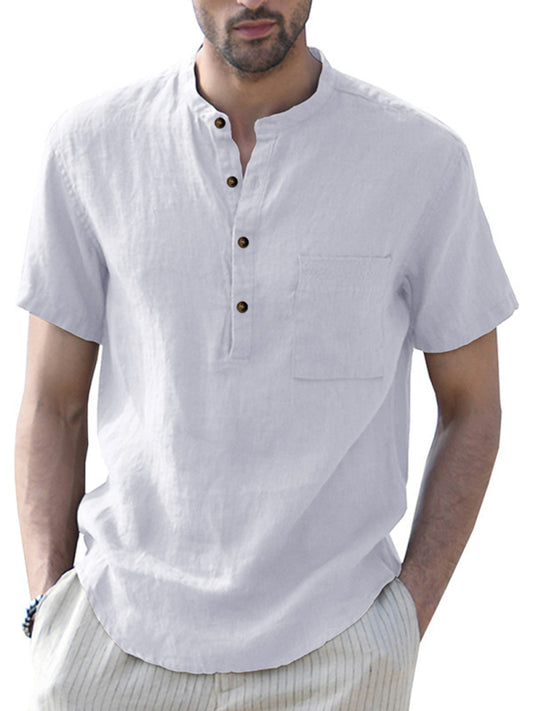 Men's Woven Casual Stand Collar Linen Short Sleeve Shirt