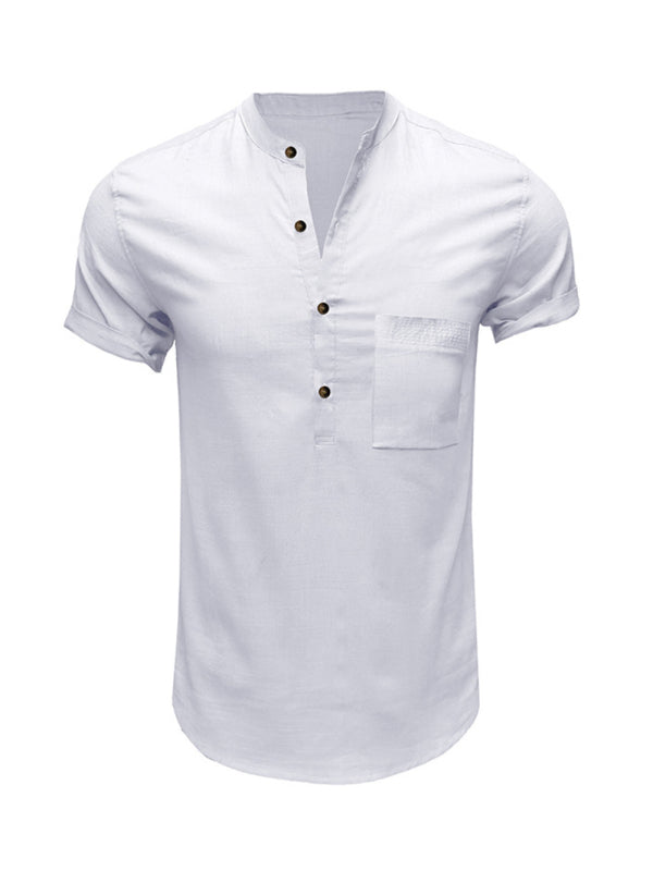 Men's Woven Casual Stand Collar Linen Short Sleeve Shirt