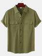 Men's Square Neck Casual Cotton Linen Shirt Linen Solid Color Half Sleeve Top