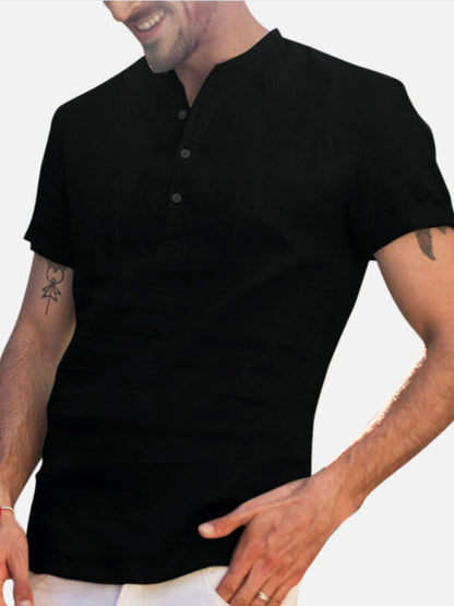 Men's Stand Collar Short Sleeve V Neck Cotton Linen Shirt