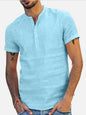 Men's Stand Collar Short Sleeve V Neck Cotton Linen Shirt