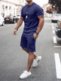 New Men's Casual Solid Color Short Sleeve Shorts Two-Piece Set