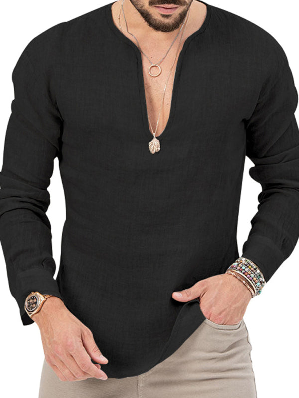 New Men's Henry Long Sleeve T-Shirt Slim Fit Solid Color Large Size Deep V Neck Shirt