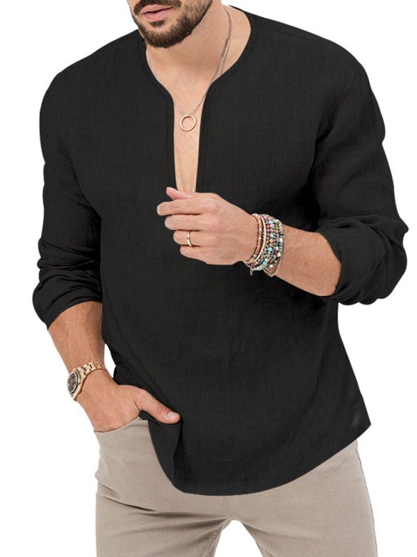 New Men's Henry Long Sleeve T-Shirt Slim Fit Solid Color Large Size Deep V Neck Shirt