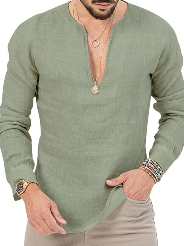 New Men's Henry Long Sleeve T-Shirt Slim Fit Solid Color Large Size Deep V Neck Shirt