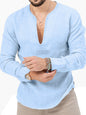 New Men's Henry Long Sleeve T-Shirt Slim Fit Solid Color Large Size Deep V Neck Shirt