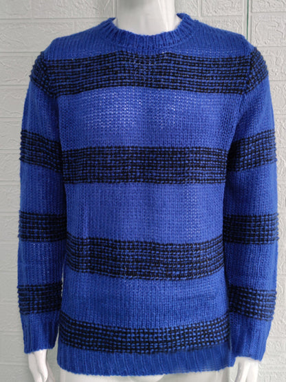 Men's fitted striped round neck long sleeve knitted sweater