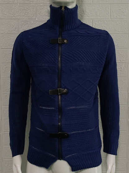 Men's Leather Button Long Sleeve Knitted Cardigan Jacket