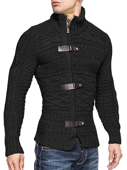 Men's Leather Button Long Sleeve Knitted Cardigan Jacket