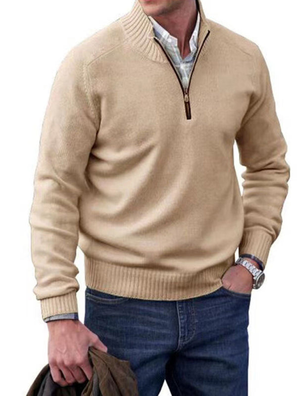 Men's zipper lapel casual long-sleeved knitted top