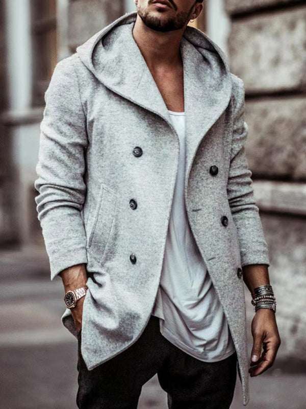 Men's mid-length lapel hooded double-breasted casual trench coat