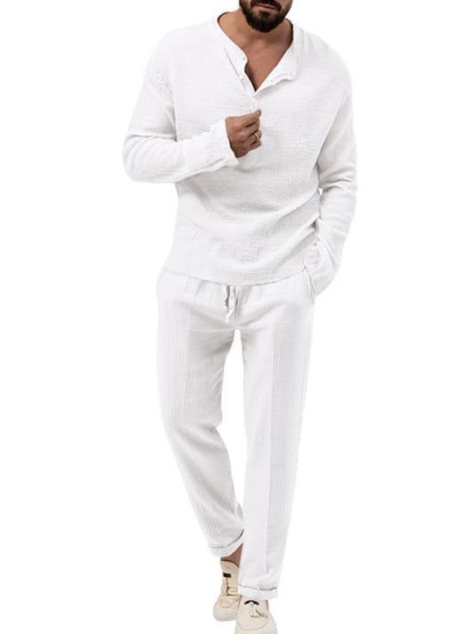 Men's new solid color casual long-sleeved shirt and trousers suit