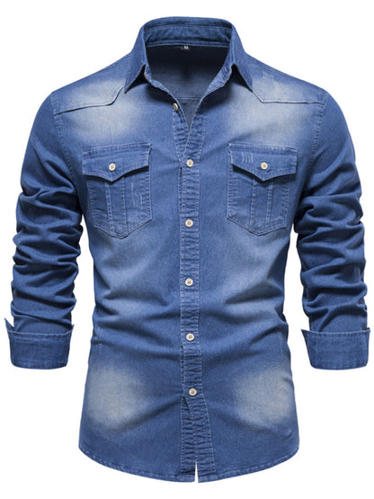 Men's casual solid color non-iron denim long-sleeved shirt