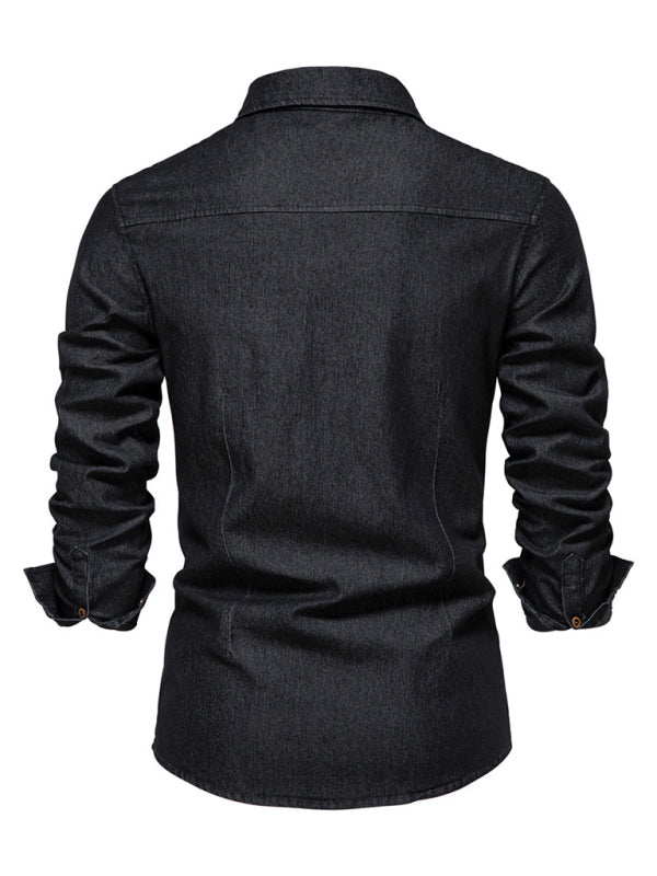 Men's casual solid color non-iron denim long-sleeved shirt