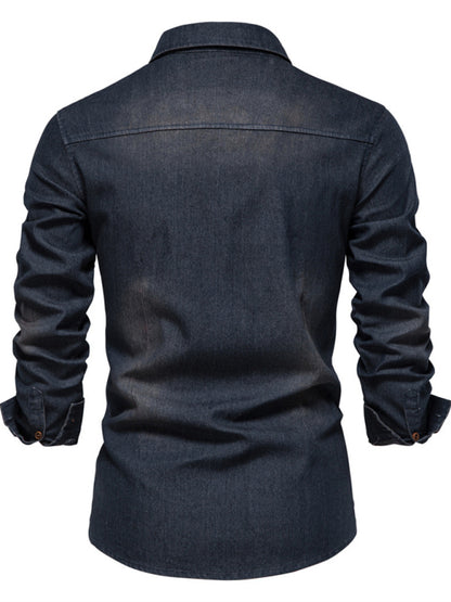 Men's casual solid color non-iron denim long-sleeved shirt