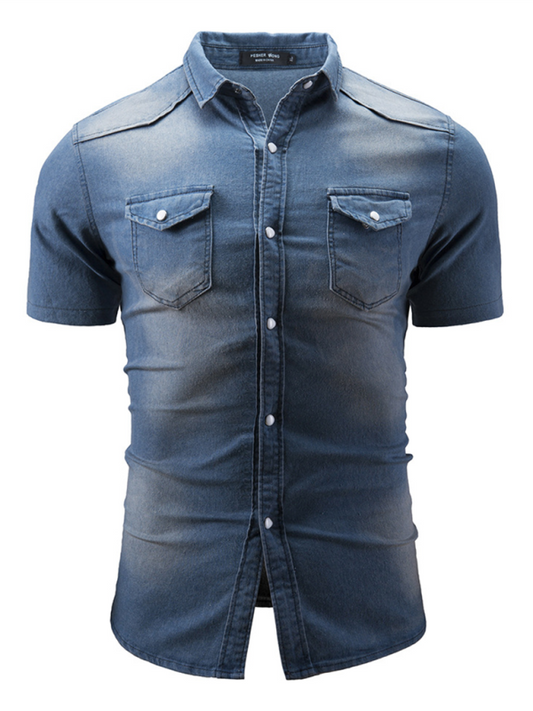 New Men's Solid Color Denim Pocket Decorated Short Sleeve Shirt