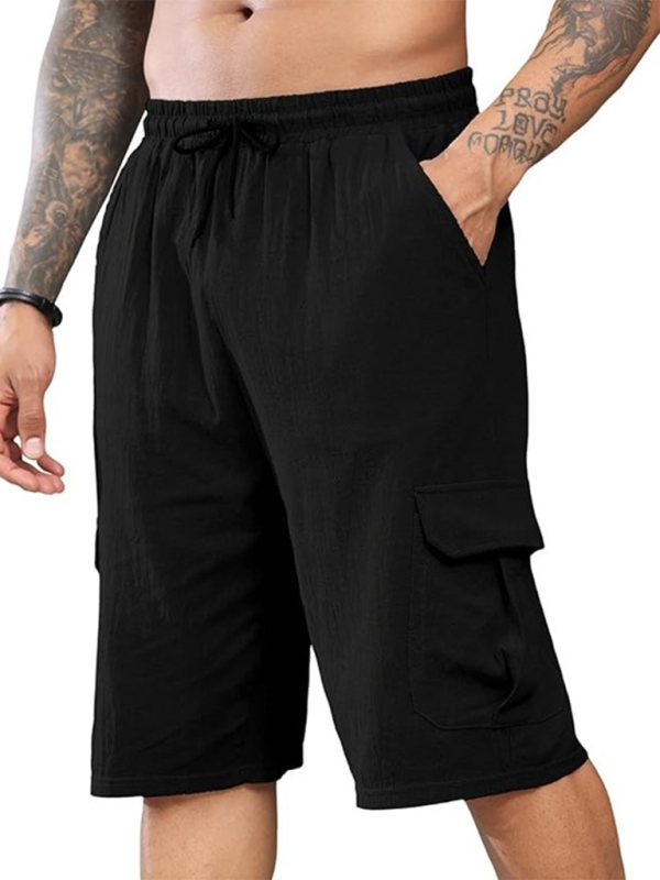 New Linen Shorts Multi-Pocket Drawstring Men's Beach Overalls