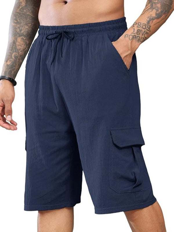 New Linen Shorts Multi-Pocket Drawstring Men's Beach Overalls