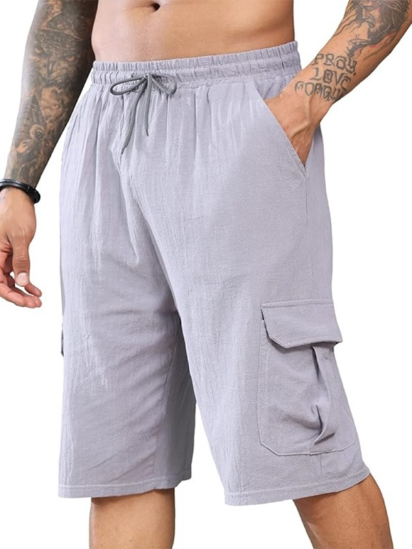 New Linen Shorts Multi-Pocket Drawstring Men's Beach Overalls