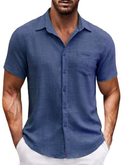 New solid color lapel pocket short sleeve casual men's shirt