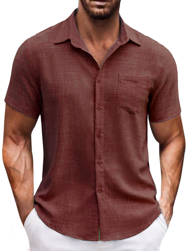 New solid color lapel pocket short sleeve casual men's shirt