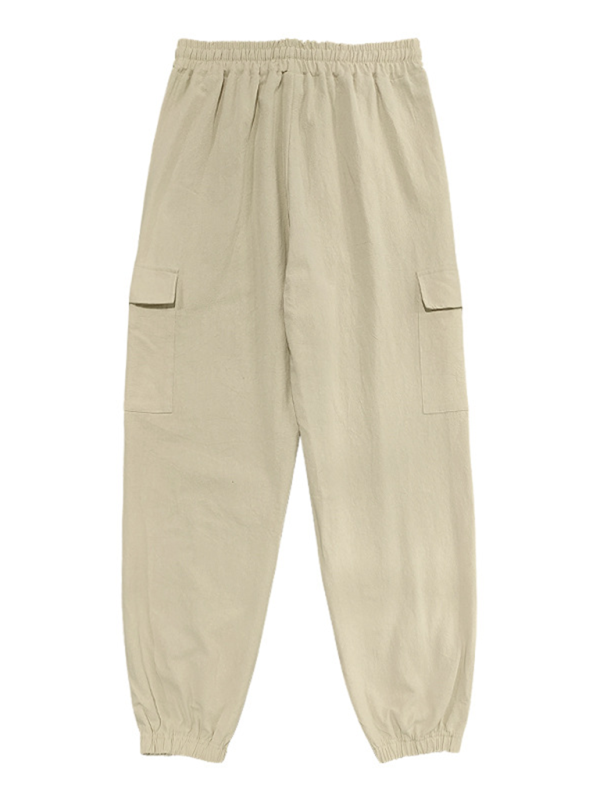 Casual cuffs, multi-pocket drawstrings, solid color, loose large size drawstring trousers