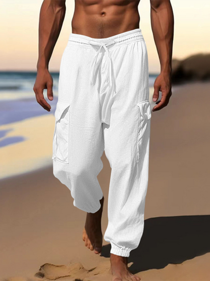 Casual cuffed multi-pocket drawstring trousers