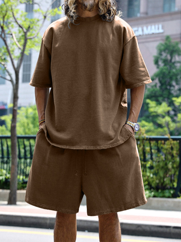 Men's solid color loose short-sleeved shorts set