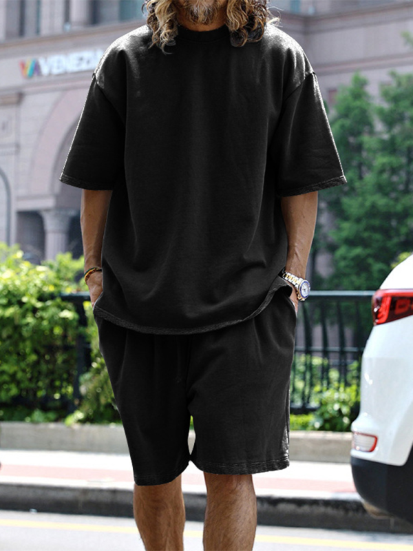 Men's solid color loose short-sleeved shorts set