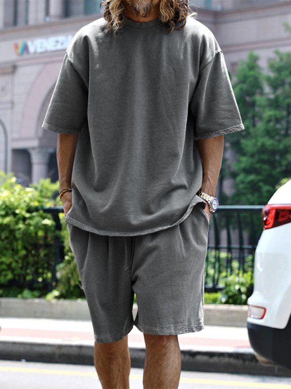 Men's solid color loose short-sleeved shorts set