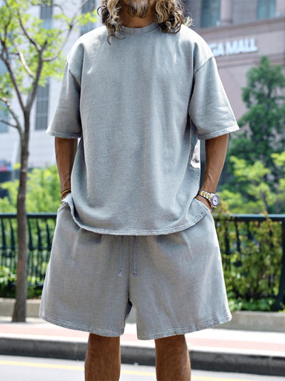 Men's solid color loose short-sleeved shorts set