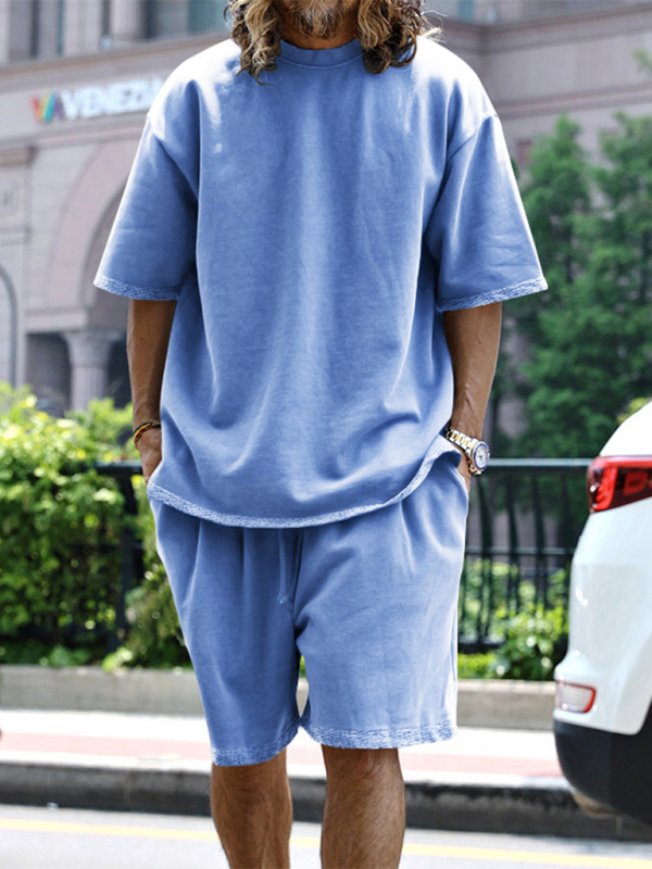 Men's solid color loose short-sleeved shorts set