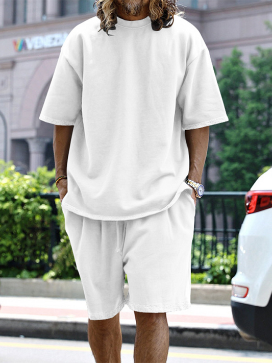 Men's solid color loose short-sleeved shorts set