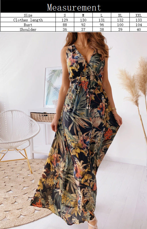 Women's Leaf Print V-Neck Maxi Dress