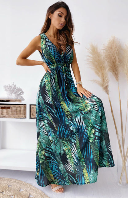 Women's Leaf Print V-Neck Maxi Dress