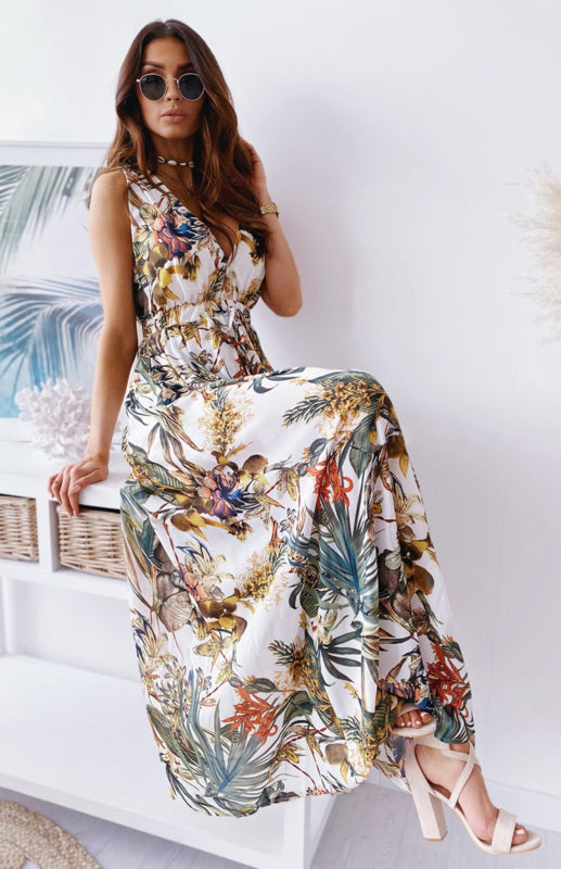 Women's Leaf Print V-Neck Maxi Dress