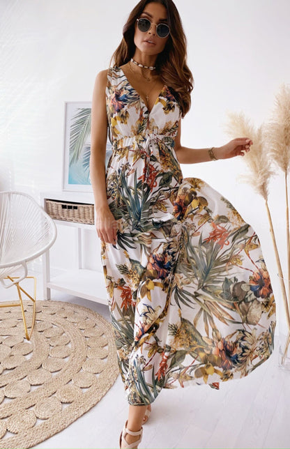 Women's Leaf Print V-Neck Maxi Dress