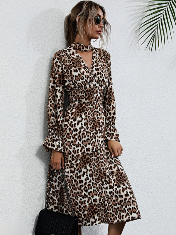 Leopard Print Long Sleeve Midi Dress