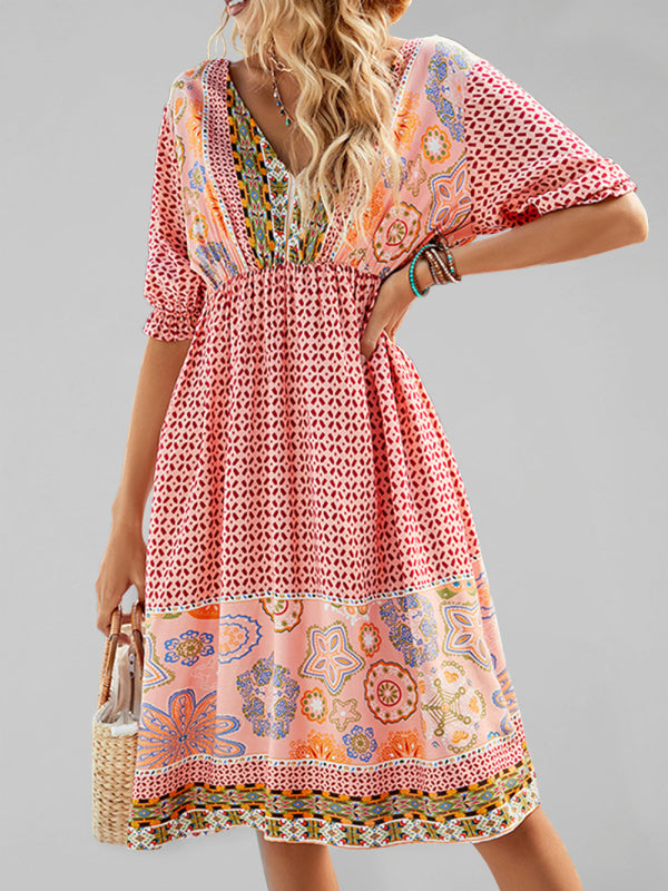 Boho Floral Print Casual Midi Dress