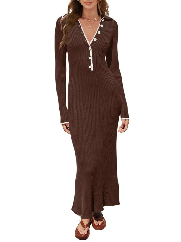 New fashionable lapel knitted slim fit hip-hugging long-sleeved dress