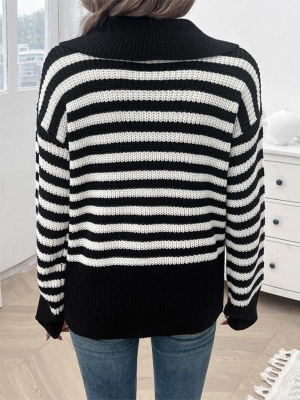 Women's Casual Loose Lapel Striped Long Sleeve Sweater