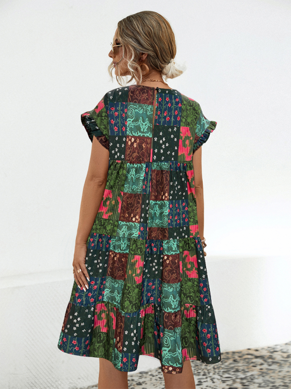 Ladies new loose gathered printed A-line dress