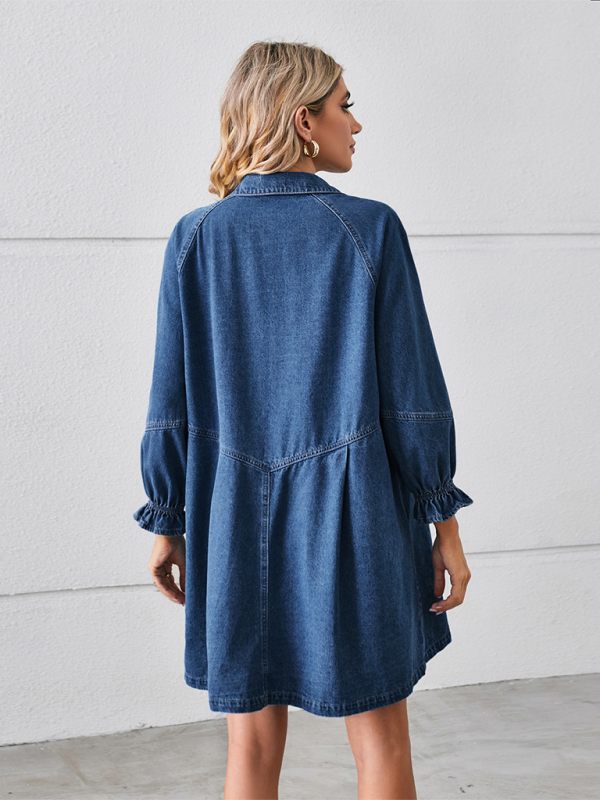 New Loose Washed Long Sleeve Spliced Denim Dress