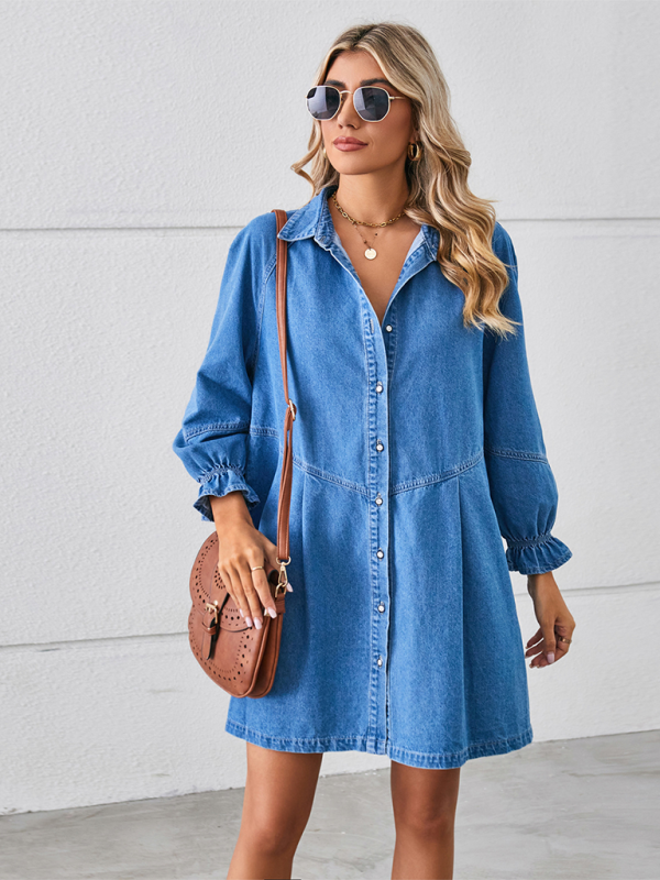 New Loose Washed Long Sleeve Spliced Denim Dress