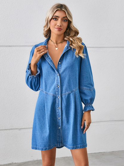 New Loose Washed Long Sleeve Spliced Denim Dress