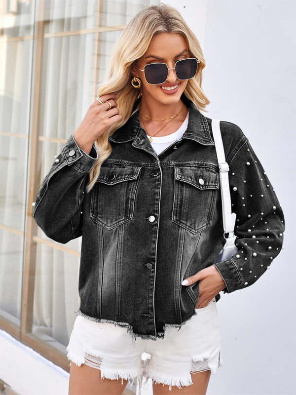 Washed Beaded Long Sleeve Casual Denim Jacket Top