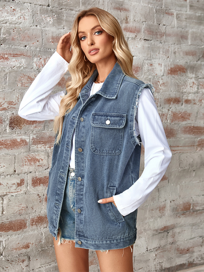 Ladies new washed denim loose vest waistcoat cardigan